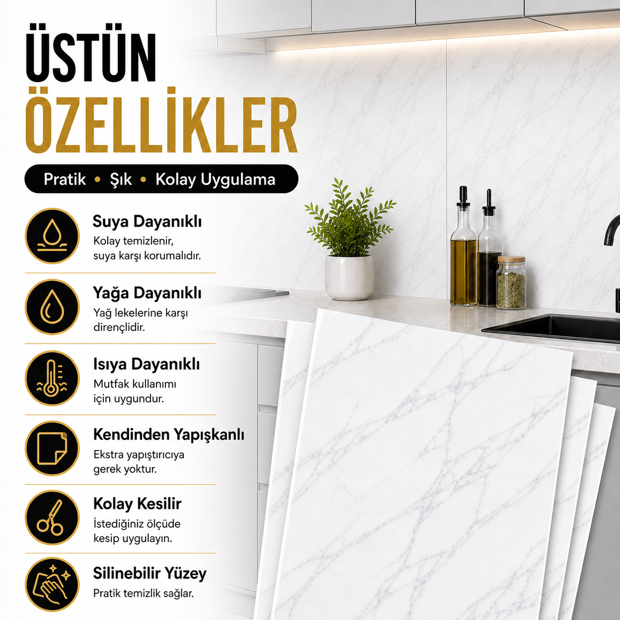 6 Adet Mermer Desenli Yapışkanlı PVC Duvar Paneli 60x30 cm (1.1 m²)