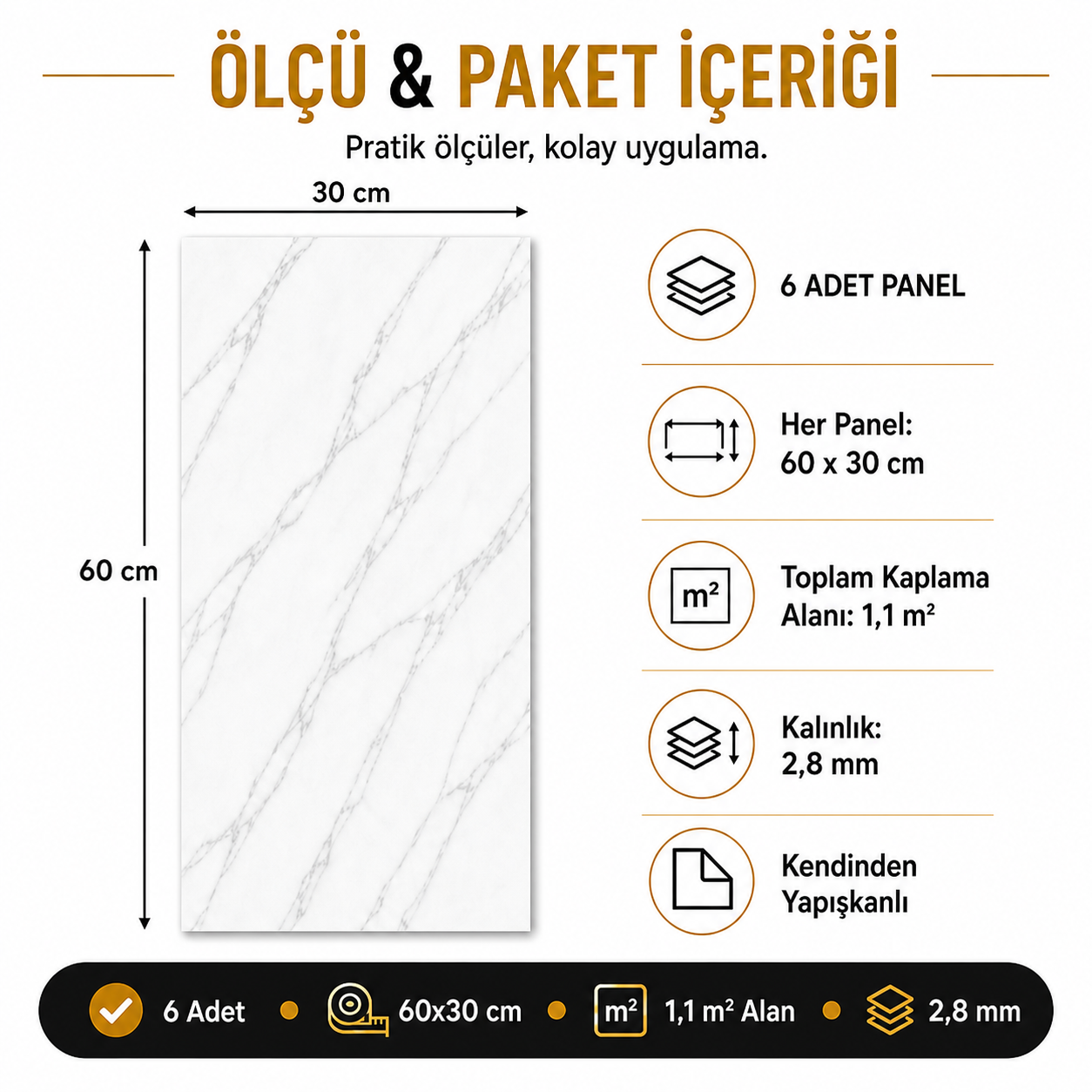 6 Adet Mermer Desenli Yapışkanlı PVC Duvar Paneli 60x30 cm (1.1 m²) - 4